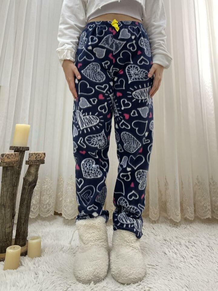 Kadın Polar Pijama Altı Kışlık Lastikli Bel Tek Alt Beyaz Büyük Kalpli - S