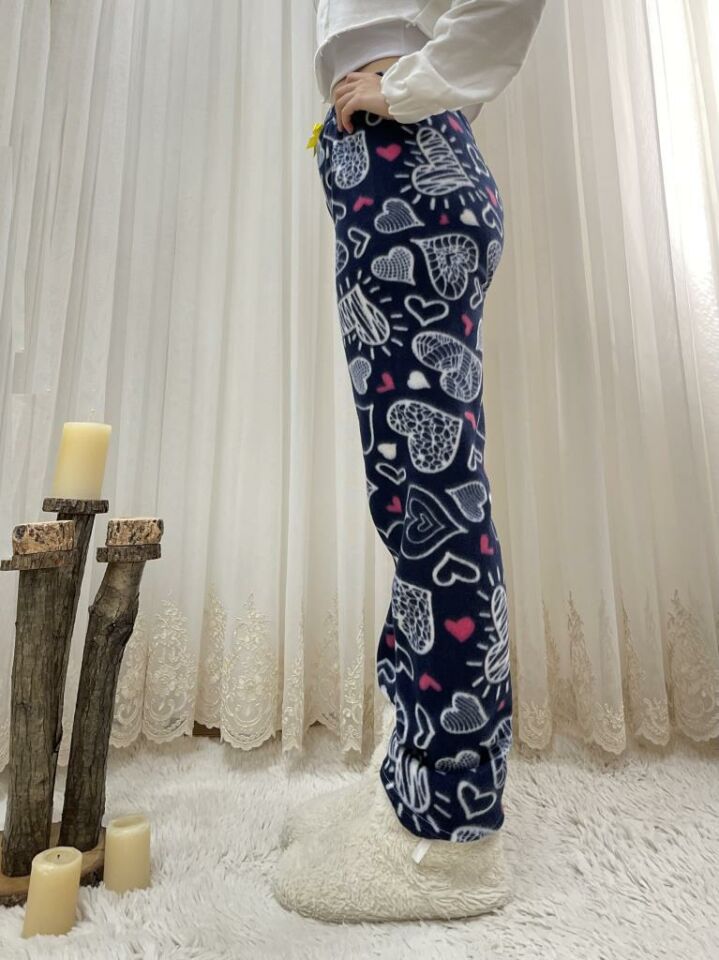 Kadın Polar Pijama Altı Kışlık Lastikli Bel Tek Alt Beyaz Büyük Kalpli - S