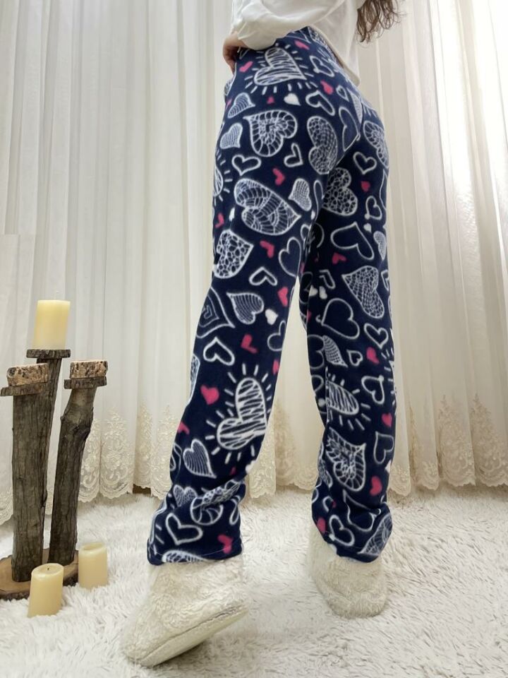 Kadın Polar Pijama Altı Kışlık Lastikli Bel Tek Alt Beyaz Büyük Kalpli - S