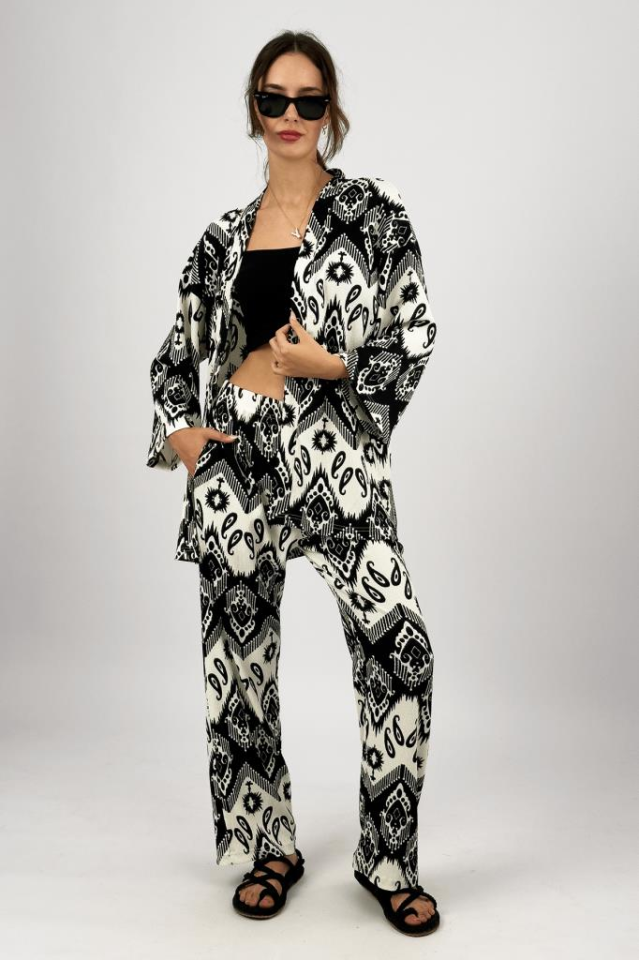 Kadın Likralı Bürümcük Kumaş Salaş Bol Paça Palazzo Pantolon Yazlık 2li Alt-Üst Takım Siyah Buta - L