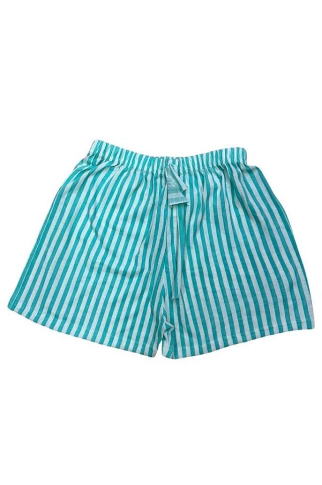 Kadın Dört Mevsim Yumuşak Basic Pamuk Yüksek Bel Pijama Şort Yeşil Çizgili - M