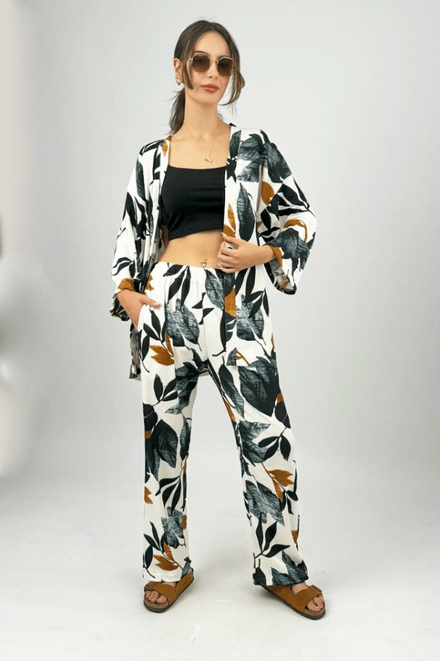 Kadın Likralı Bürümcük Kumaş Salaş Bol Paça Palazzo Pantolon Yazlık 2li Alt-Üst Takım SİYAH - L