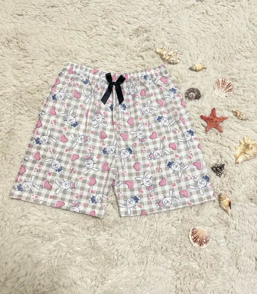 %100 Pamuk Kadın Yüksek Bel Dört Mevsim Şort Pijama Pembe Tavşan - M