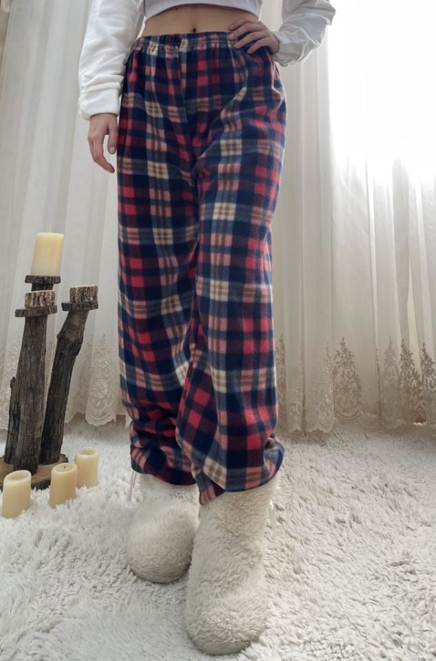 Kadın Polar Pijama Altı Kışlık Lastikli Bel Tek Alt Lacivert Kırmızı Ekose - S