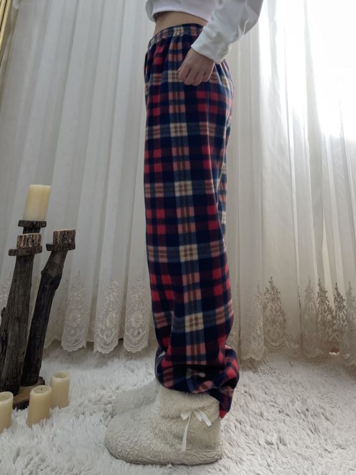 Kadın Polar Pijama Altı Kışlık Lastikli Bel Tek Alt Lacivert Kırmızı Ekose - S