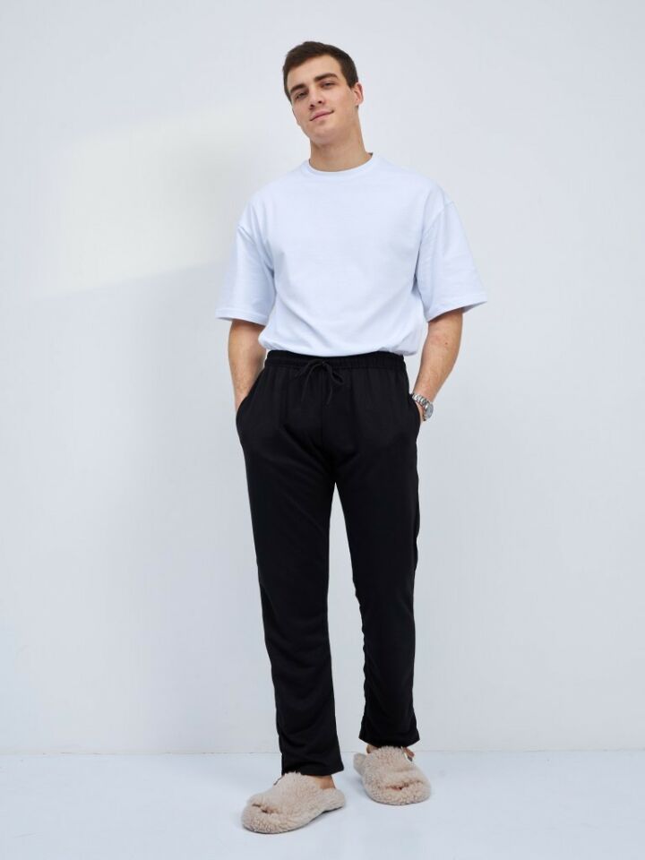 Erkek Pamuklu Cepli İpli Lastikli Bel Pijama Altı Eşofman SİYAH - M