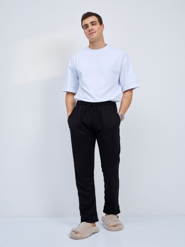 Erkek Pamuklu Cepli İpli Lastikli Bel Pijama Altı Eşofman SİYAH - L