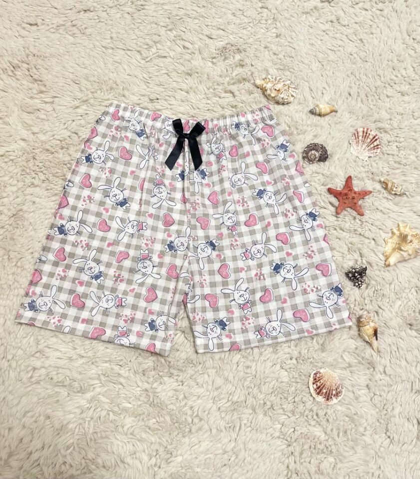 %100 Pamuk Kadın Yüksek Bel Dört Mevsim Şort Pijama Pembe Panda - M