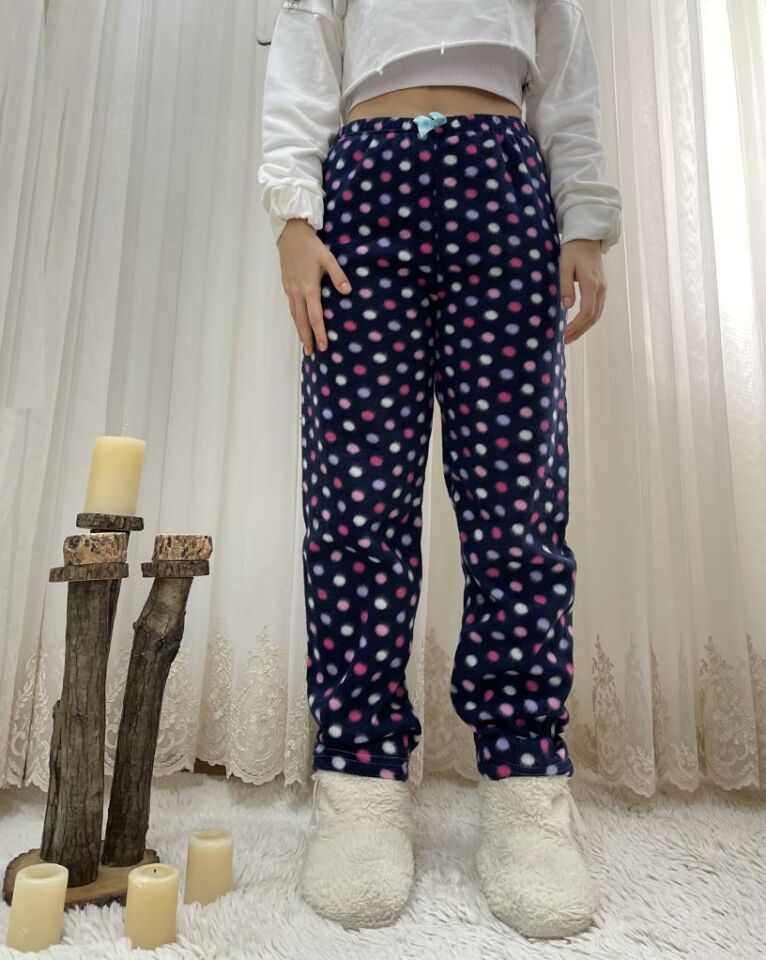 Kadın Polar Pijama Altı Kışlık Lastikli Bel Tek Alt Lacivert Pembe Puantiyeli - S