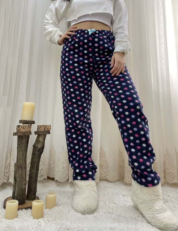 Kadın Polar Pijama Altı Kışlık Lastikli Bel Tek Alt Lacivert Pembe Puantiyeli - S
