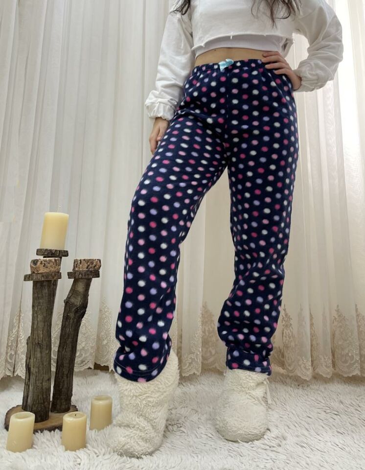 Kadın Polar Pijama Altı Kışlık Lastikli Bel Tek Alt Lacivert Pembe Puantiyeli - S
