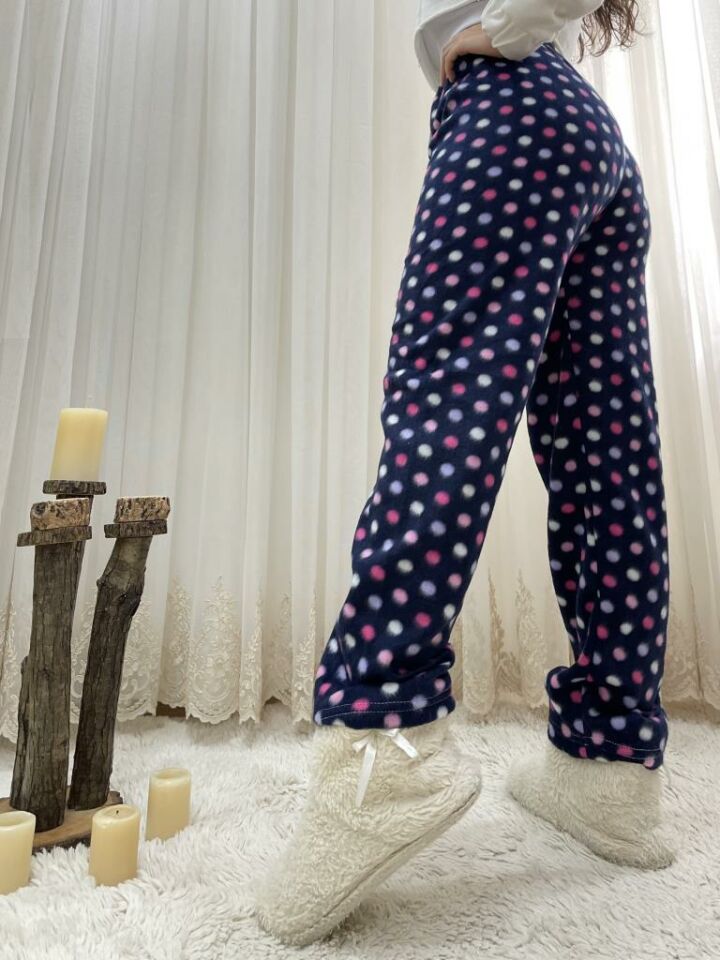 Kadın Polar Pijama Altı Kışlık Lastikli Bel Tek Alt Lacivert Pembe Puantiyeli - S