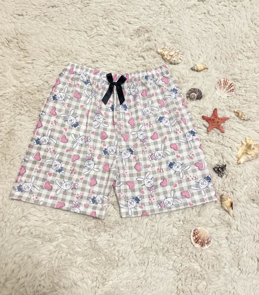 %100 Pamuk Kadın Yüksek Bel Dört Mevsim Şort Pijama Pembe Panda - L