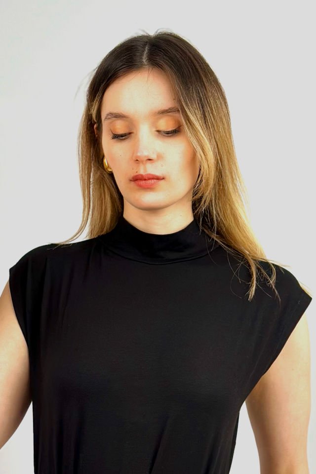 Kadın Dik Yaka Kolsuz İçlik Viskon Tunik 2 Adet Siyah-Siyah - M