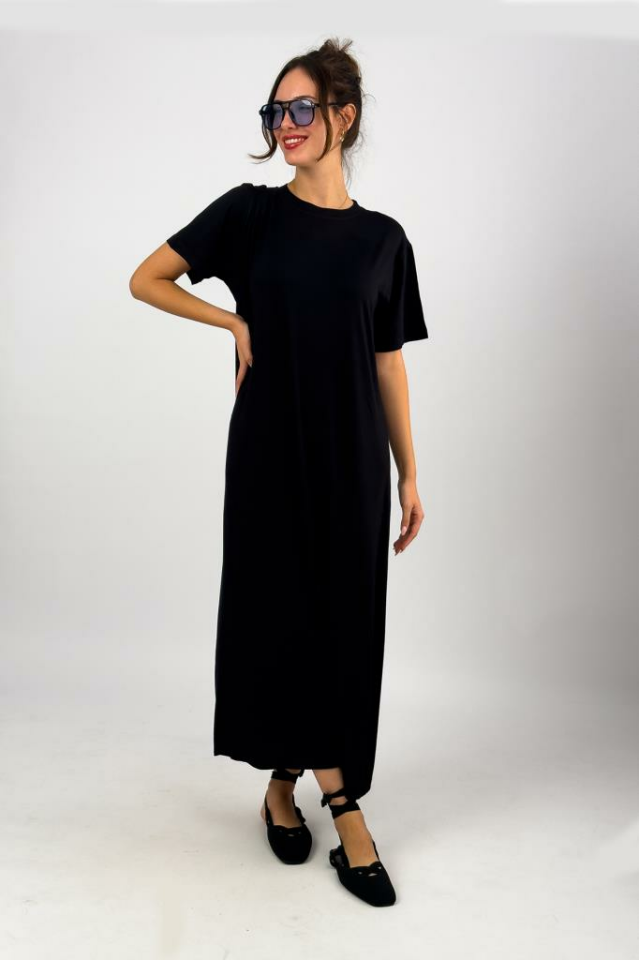 Kadın Yazlık Kısa Kollu Viskon Midi Boy Bisiklet Yaka Elbise SİYAH - S/M