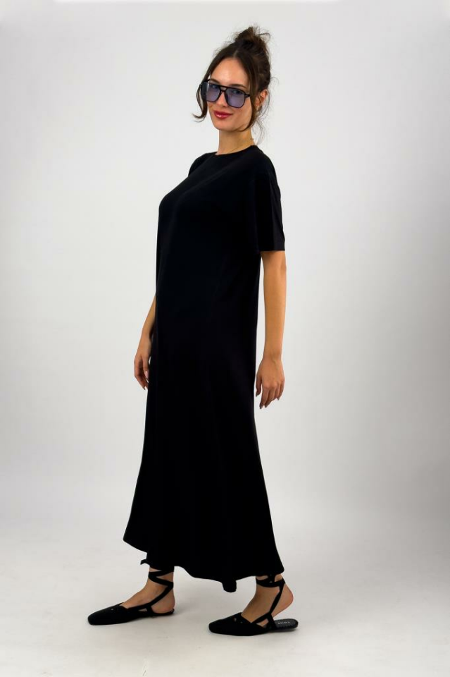 Kadın Yazlık Kısa Kollu Viskon Midi Boy Bisiklet Yaka Elbise SİYAH - S/M