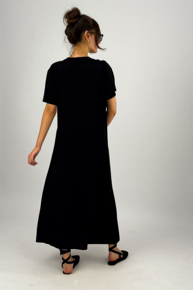 Kadın Yazlık Kısa Kollu Viskon Midi Boy Bisiklet Yaka Elbise SİYAH - S/M