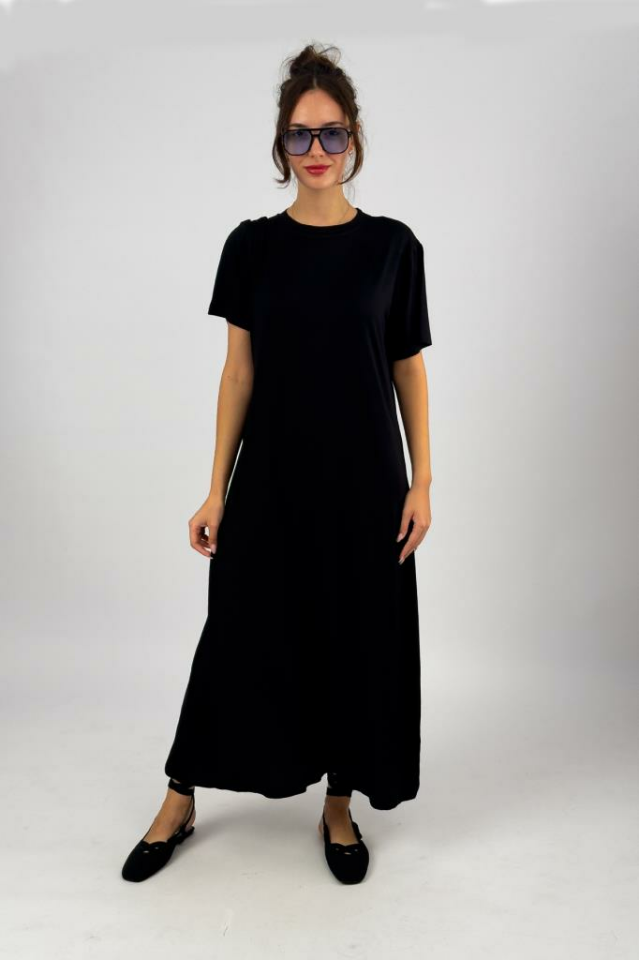 Kadın Yazlık Kısa Kollu Viskon Midi Boy Bisiklet Yaka Elbise SİYAH - L/XL