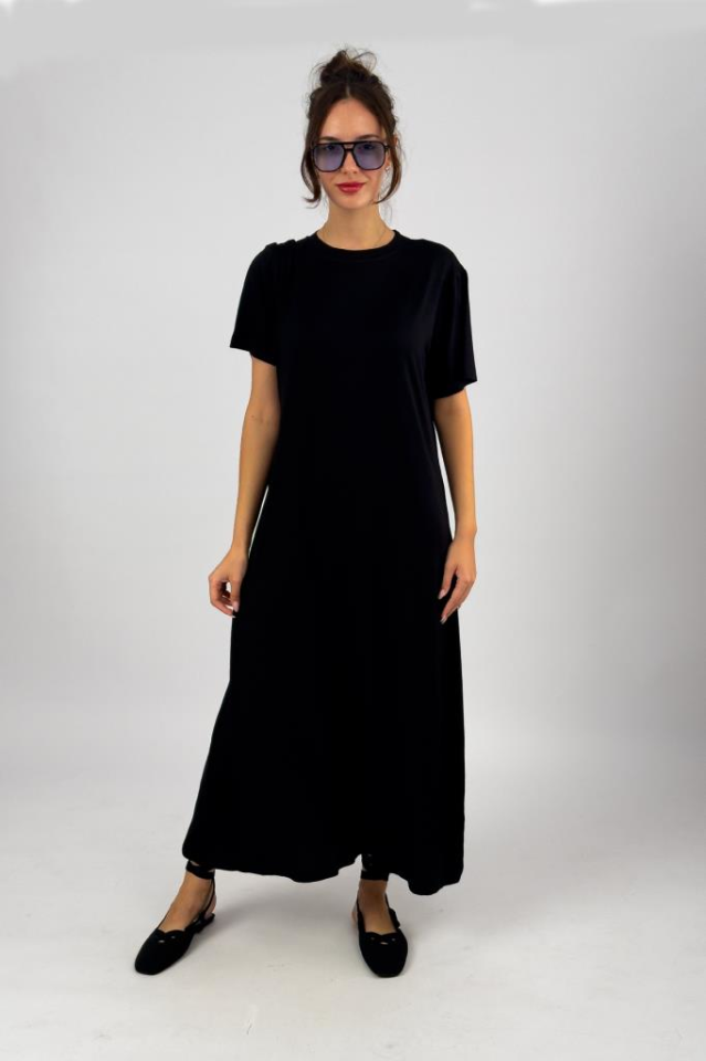 Kadın Yazlık Kısa Kollu Viskon Midi Boy Bisiklet Yaka Elbise SİYAH - 2XL/3XL