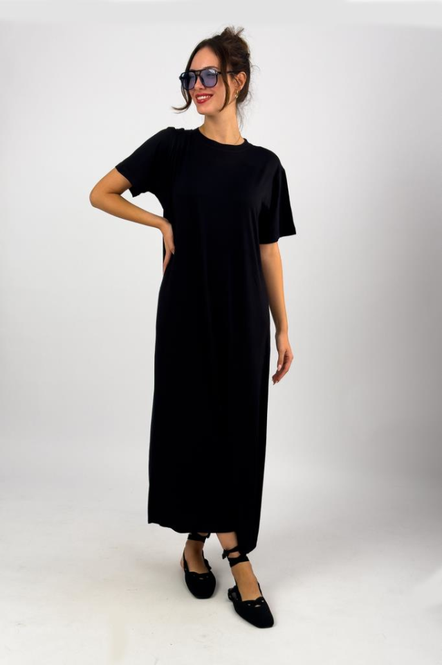 Kadın Yazlık Kısa Kollu Viskon Midi Boy Bisiklet Yaka Elbise SİYAH - 2XL/3XL