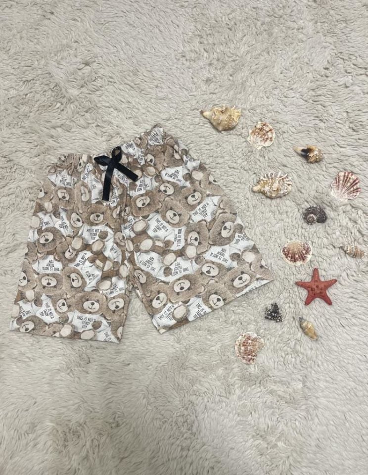 %100 Pamuk Kadın Yüksek Bel Dört Mevsim Şort Pijama Kahve Beyaz Ayıcık - XXL