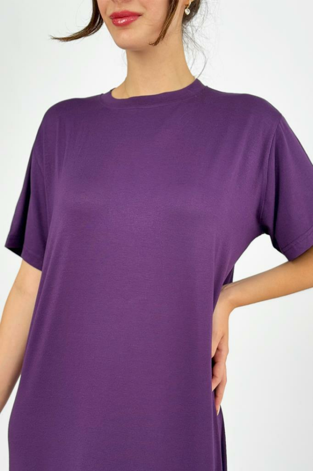 Kadın Yazlık Kısa Kollu Viskon Midi Boy Bisiklet Yaka Elbise Mürdüm - L/XL