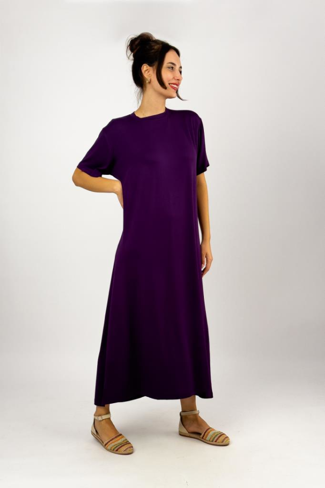 Kadın Yazlık Kısa Kollu Viskon Midi Boy Bisiklet Yaka Elbise Mürdüm - 2XL/3XL