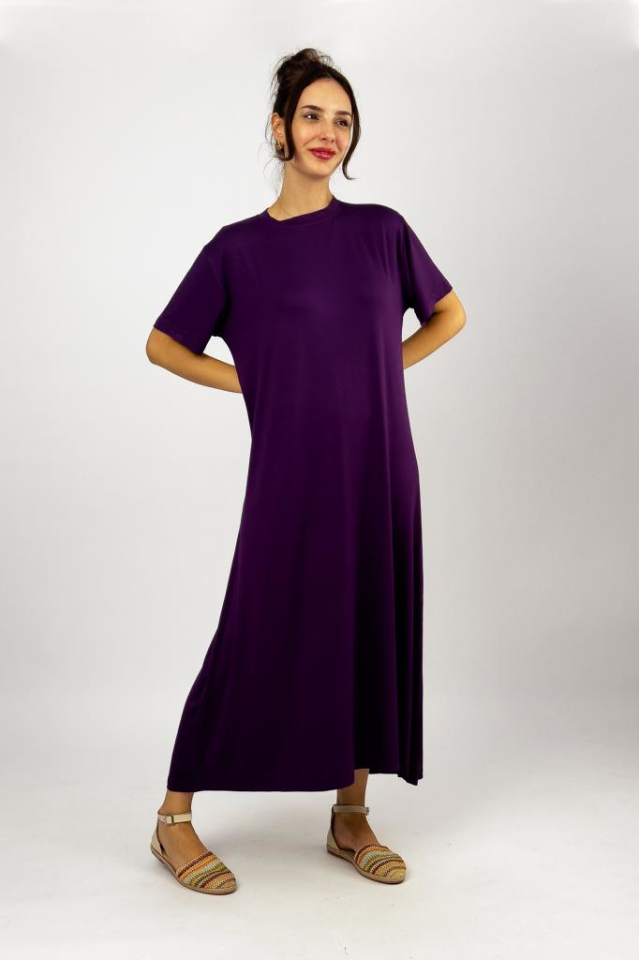 Kadın Yazlık Kısa Kollu Viskon Midi Boy Bisiklet Yaka Elbise Mürdüm - 2XL/3XL