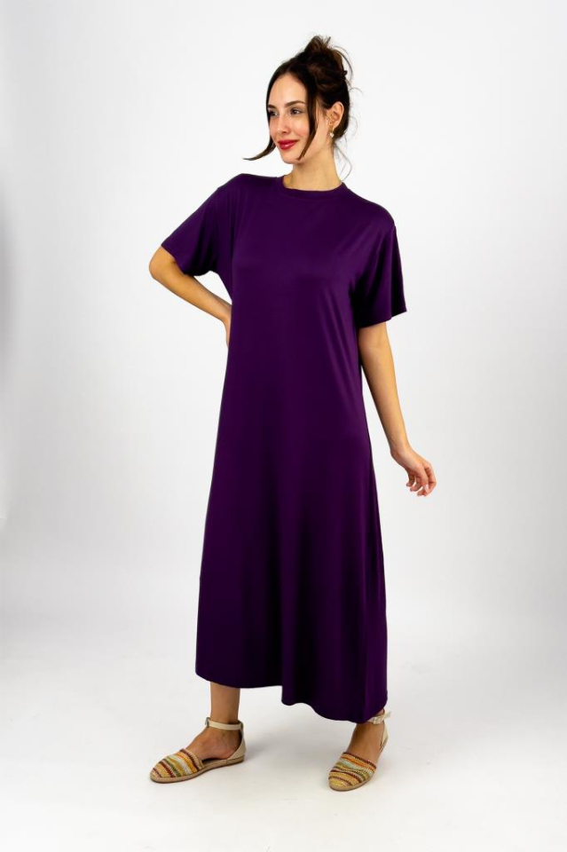 Kadın Yazlık Kısa Kollu Viskon Midi Boy Bisiklet Yaka Elbise Mürdüm - 2XL/3XL