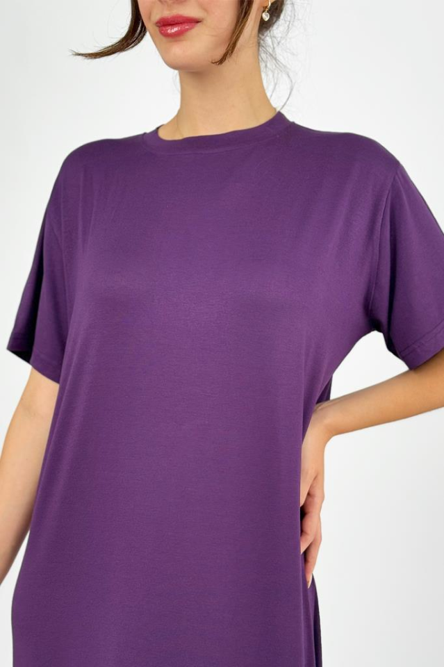 Kadın Yazlık Kısa Kollu Viskon Midi Boy Bisiklet Yaka Elbise Mürdüm - 2XL/3XL