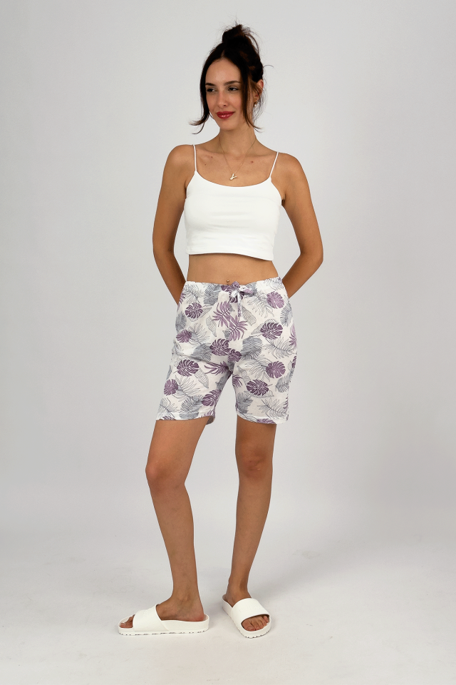 Kadın %100 Pamuklu Süprem Desenli Yumuşak Basic Mini Şort Lila Dallı - L