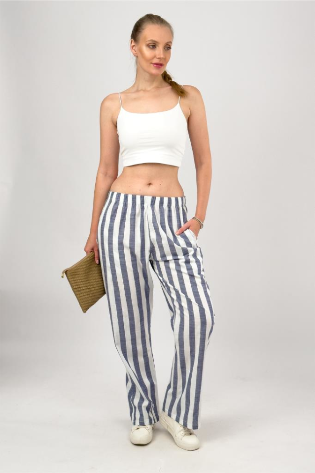 Kadın Dokuma Pamuk Çizgili Cepli Bol Kesim Oversize Palazzo Pantolon 2XL - Kalın Lacivert