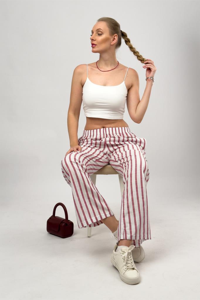 Kadın Dokuma Pamuk Çizgili Cepli Bol Kesim Oversize Palazzo Pantolon KIRMIZI - 2XL