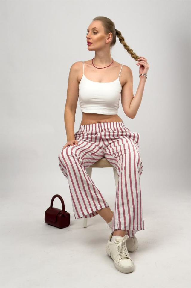 Kadın Dokuma Pamuk Çizgili Cepli Bol Kesim Oversize Palazzo Pantolon KIRMIZI - 2XL
