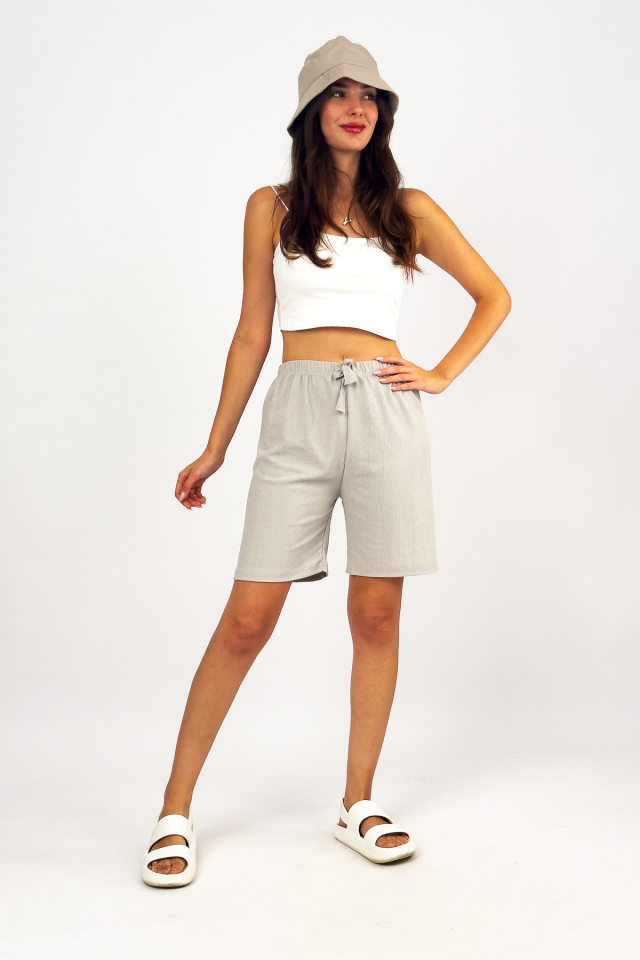 Betimoda Kadın Beli Lastikli Bol Paça Oversize Bürümcük Kumaş Şort Açık Gri - 3XL