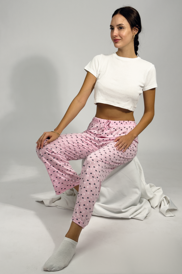 Kadın Dört Mevsim Poliviskon Kurdeleli Pijama Altı Pembe Kalp - XL