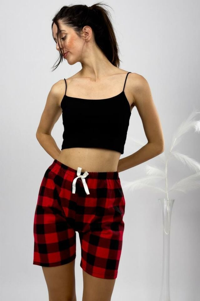 %100 Pamuk Kadın Yüksek Bel Dört Mevsim Şort Pijama Kırmızı Pencere Kare - XL