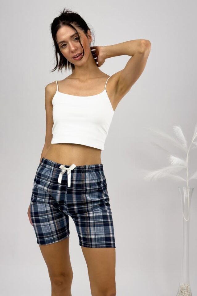 %100 Pamuk Kadın Yüksek Bel Dört Mevsim Şort Pijama Filenel Mavi - M