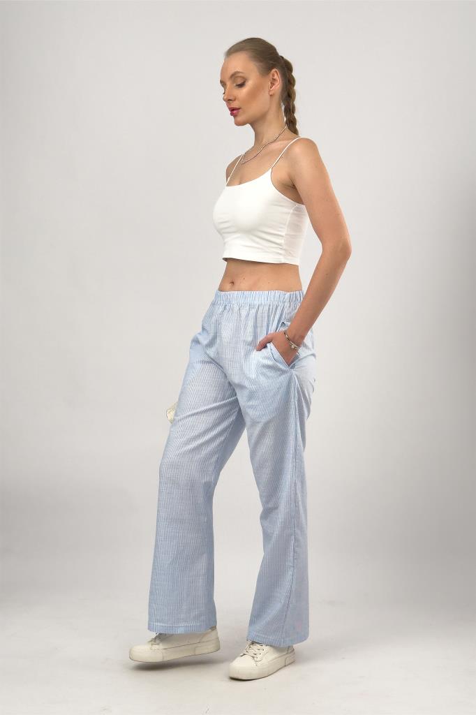 Kadın Dokuma Pamuk Çizgili Cepli Bol Kesim Oversize Palazzo Pantolon 3XL - İnce Çizgi Mavi