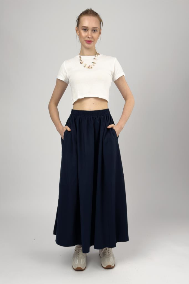 Kadın Cepli Lastikli Bel Tensel Midi Etek Laci - STD