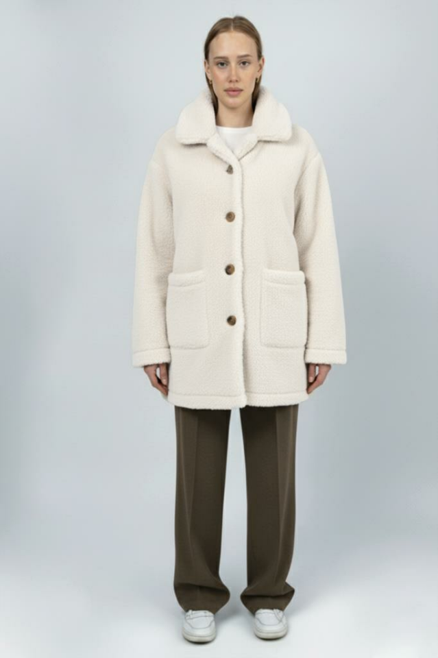 Kadın Peluş Düğmeli Cepli Teddy Gömlek Yaka Sıcak Tutucu Yumuşak Kışlık Ceket Lacivert - L