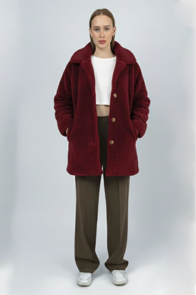 Kadın Peluş Düğmeli Cepli Teddy Gömlek Yaka Sıcak Tutucu Yumuşak Kışlık Ceket Bordo - S