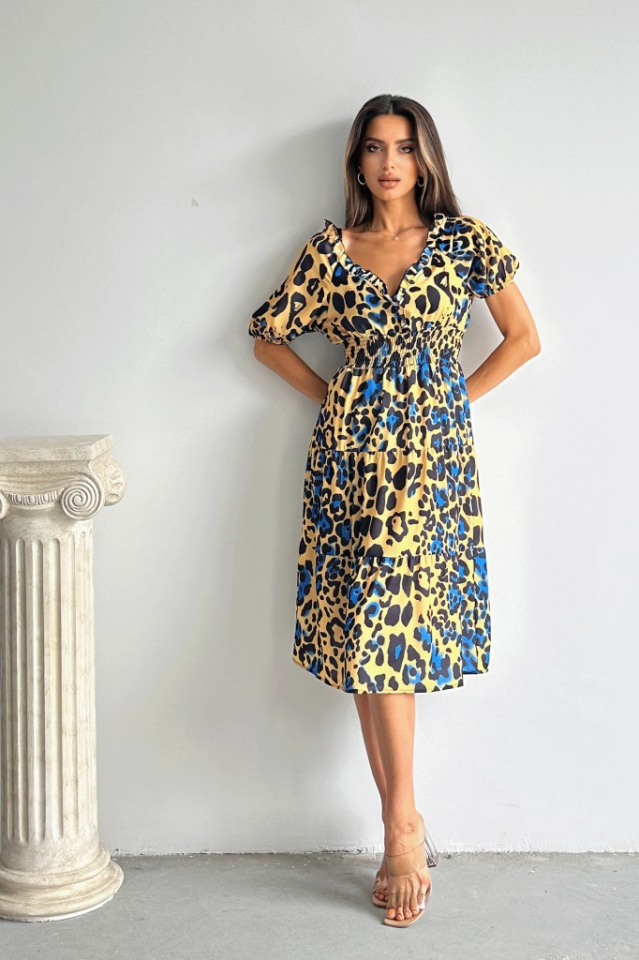 Kısa Kollu Beli Lastikli Leopar Midi Boy Elbise L