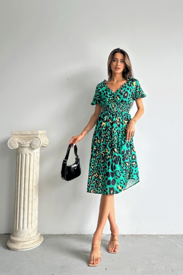Kısa Kollu Beli Lastikli Leopar Midi Boy Elbise S