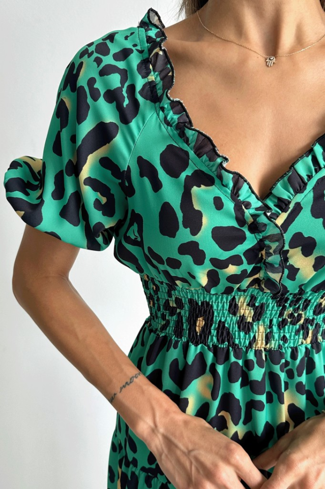 Kısa Kollu Beli Lastikli Leopar Midi Boy Elbise S