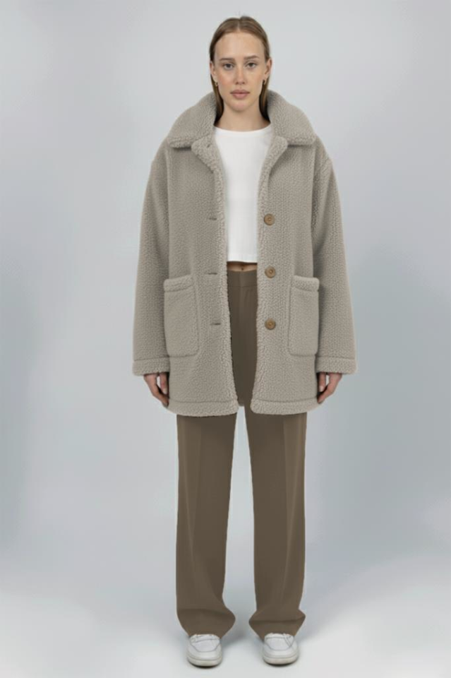 Kadın Peluş Düğmeli Cepli Teddy Gömlek Yaka Sıcak Tutucu Yumuşak Kışlık Ceket Krem - S