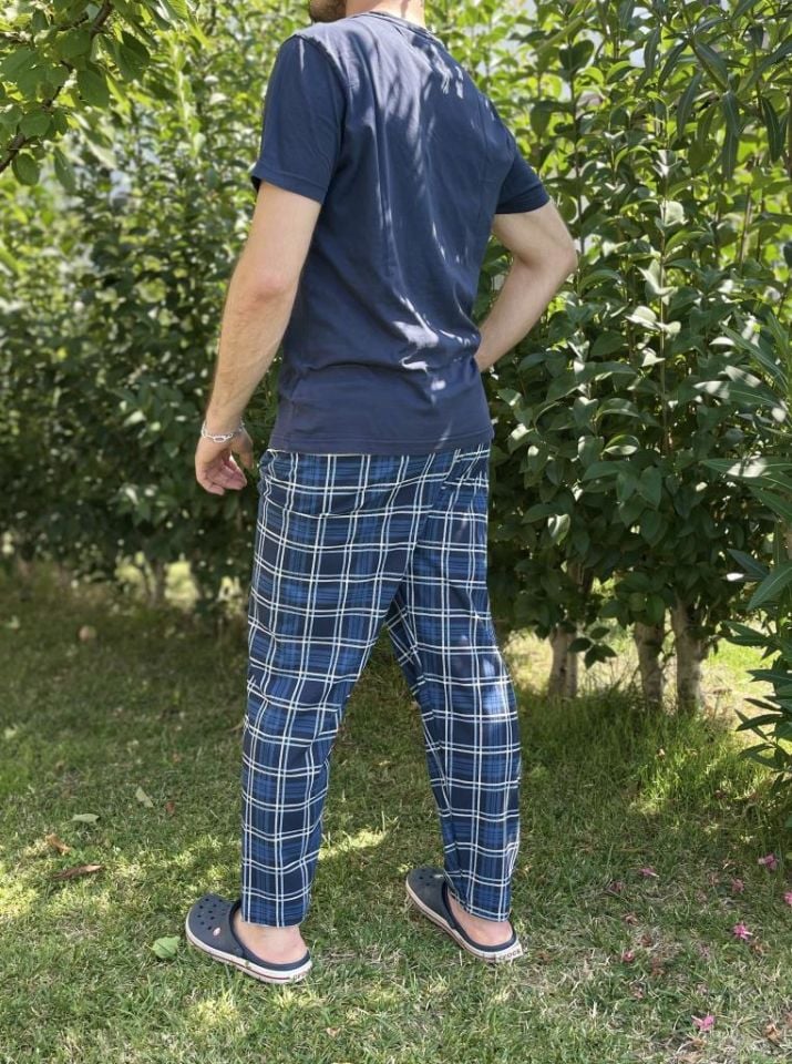 Erkek %100 Pamuk Cepsiz Beli Lastikli Pijama Altı Eşofman Lacivert Kare - S