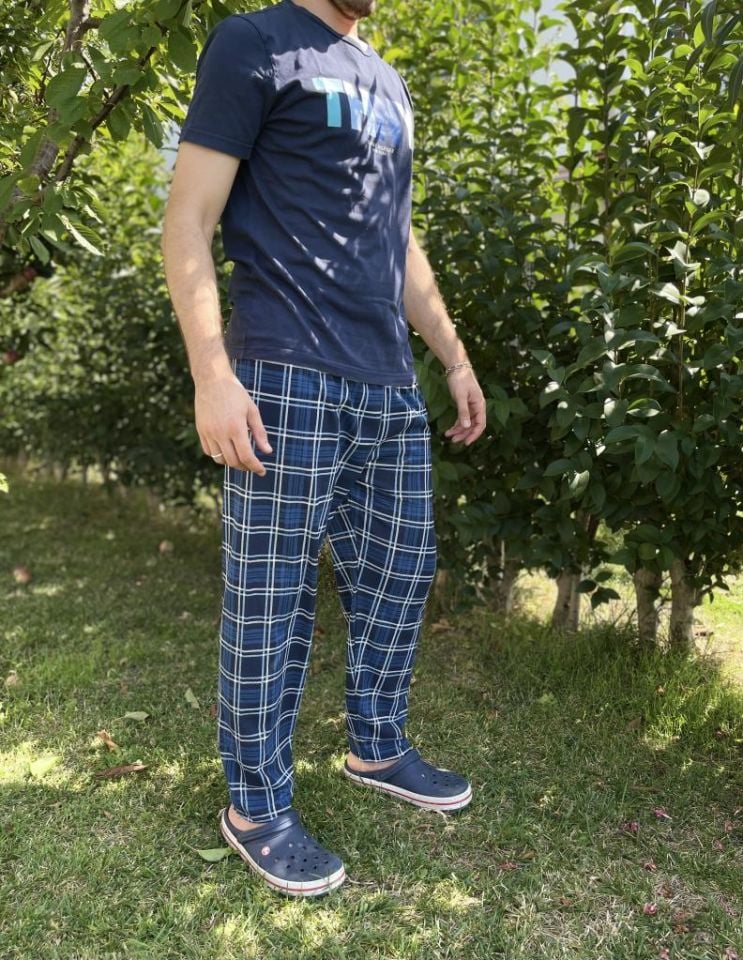 Erkek %100 Pamuk Cepsiz Beli Lastikli Pijama Altı Eşofman Lacivert Kare - S