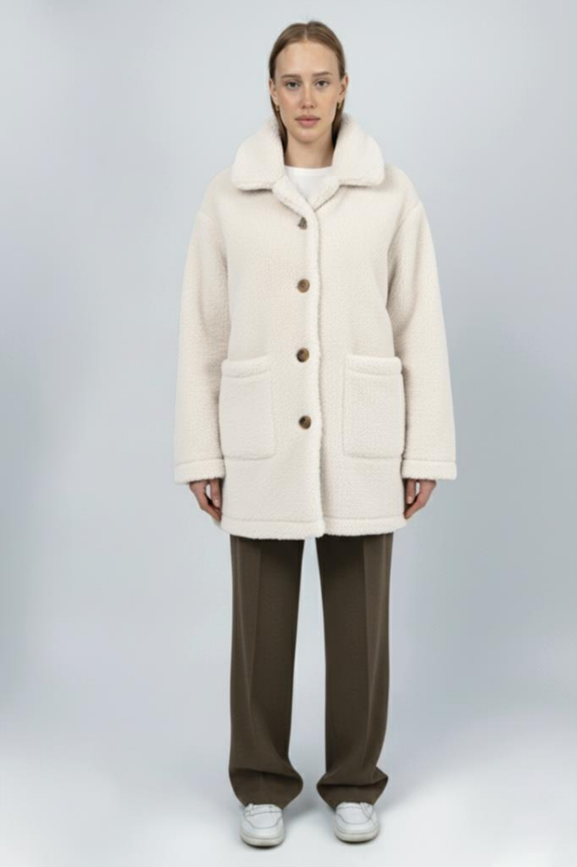 Kadın Peluş Düğmeli Cepli Teddy Gömlek Yaka Sıcak Tutucu Yumuşak Kışlık Ceket Beyaz - S