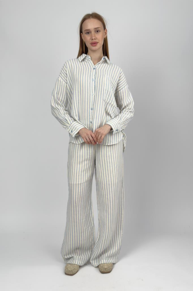 Kadın Çizgili Pamuklu Gömlek Pantolon Takım